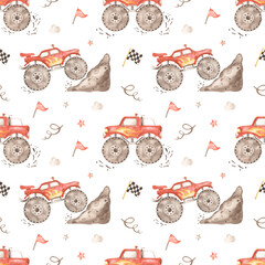 Watercolor seamless pattern with red monster trucks, mud, flags, track, splashes on a white background © MarinaErmakova