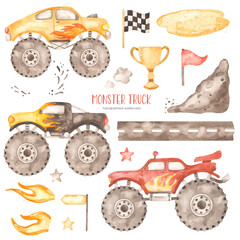 Watercolor monster truck with fire, SUV, truck, road, springboard, smoke, goblet, mud