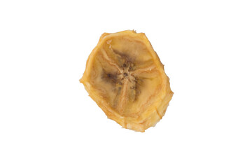 a sliced piece of dried peeled banana fruit, on a white background