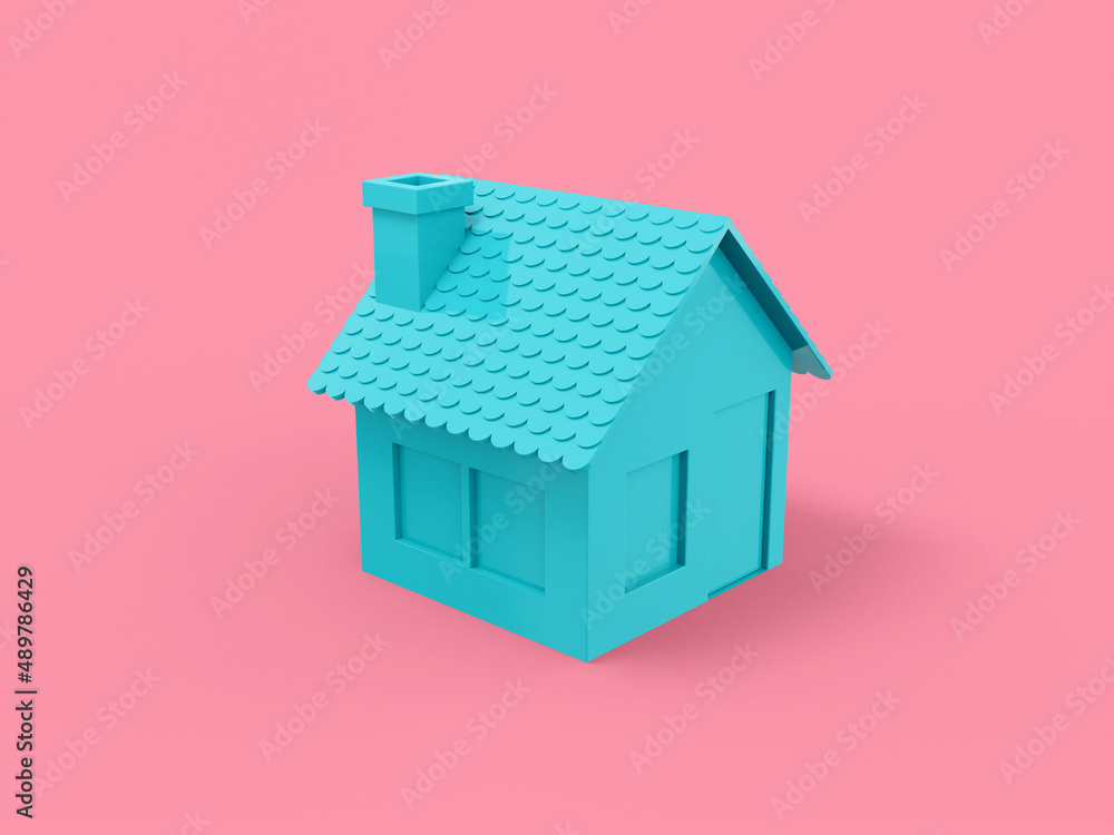 Poster blue single color house on pink monochrome background. minimalistic design object. 3d rendering icon