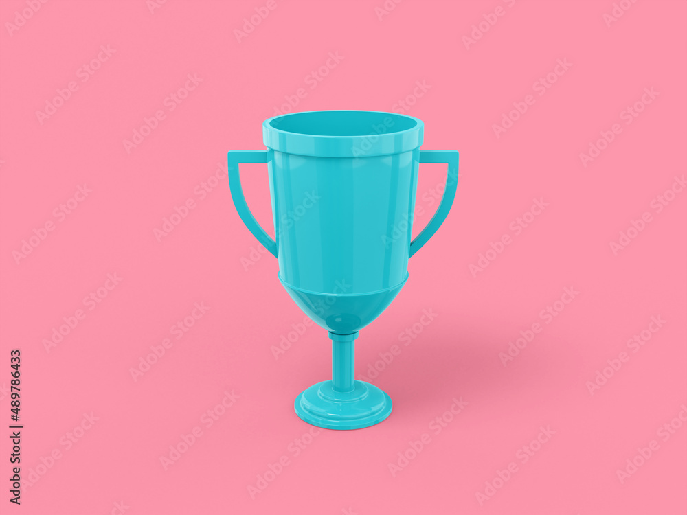Poster blue single color winner cup on pink monochrome background. minimalistic design object. 3d rendering