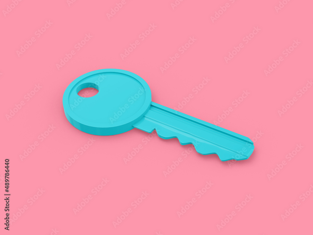 Poster blue mono color key on surface on pink solid background. minimalistic design object. 3d rendering ic