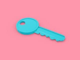 Blue mono color key on surface on pink solid background. Minimalistic design object. 3d rendering icon ui ux interface element.