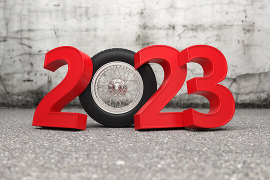 New Year 2023 Creative Design Concept with wheel - 3D Rendered Image	
