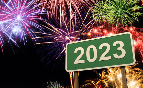 New Year 2023 Creative Design Concept with Sign Board and fire crackers - 3D Rendered Image	
