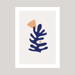 One abstract poster in blue and yellow color with sea coral and absrtact shapes drawing in Henry Matisse style.
