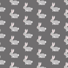 Cute rabbit seamlrss pattern. Vector illustration. Textile desig, wrapping paper, wallpaper design. Scrapbooking. Gray bunny, hare animal. Gray background.