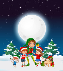 Obraz na płótnie Canvas Snowy winter night with Christmas elf and children