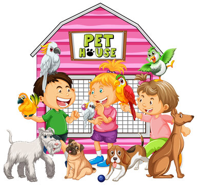 Children with their pet in cartoon style