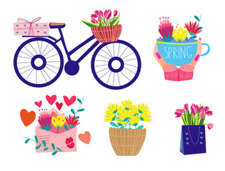 Spring set with bicycle and flowers and hearts