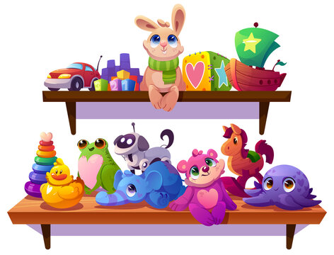 Kids toys, plush animals, car and wooden ship on shelves in child room, kindergarten or shop. Vector cartoon illustration of cute baby toys, soft bear, rabbit, blocks, pyramid, dog robot and duck