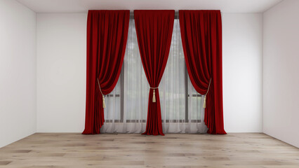 Empty room with white wall, parquet floor, and classic white vitrage, 3 maroon curtain