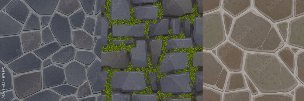 Poster game stone textures, seamless patterns of pavement, wall with rocks ivy or floor tiles top view. tex