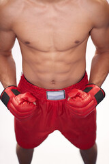 Naklejka premium Built like a boxer. Cropped image of a young boxer in front of a white background.