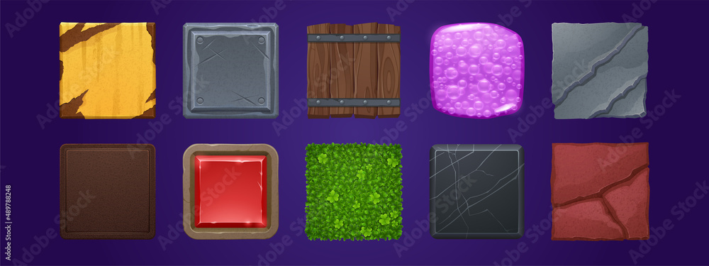 Poster game ui app icons, square buttons, cartoon menu interface textured blocks. gui graphic elements wood