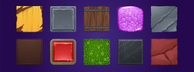 Game ui app icons, square buttons, cartoon menu interface textured blocks. Gui graphic elements wooden barrel, stone, rust, metal, gemstone, clover field, marble and pink fizzy bubbles, 2d vector set
