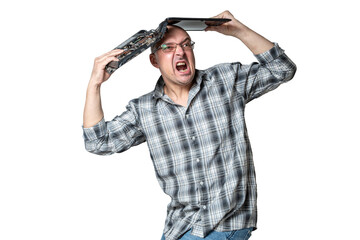 Angry man breaks laptop and screams