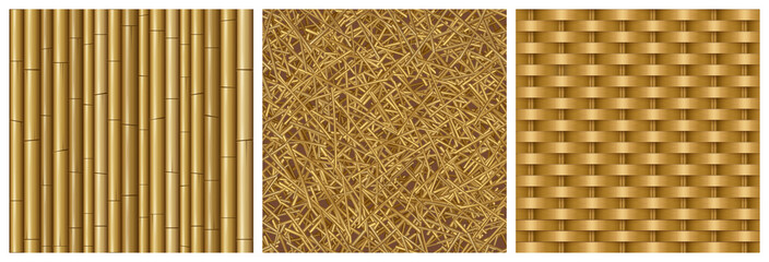 Game textures bamboo stems, straw and wicker seamless patterns. Realistic 3d tiles of natural materials rattan woven basket, dry grass and reed, textured design ui elements, Vector illustration set - obrazy, fototapety, plakaty