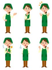 スーパーマーケットの女性店員　6種類のポーズのセット
