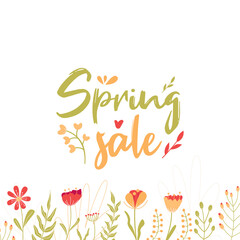 Fototapeta premium Spring sale, lettering. Banner, spring flowers and plants, leaves. Flower illustration. Pink and white flowers, green leaves, pink inscription