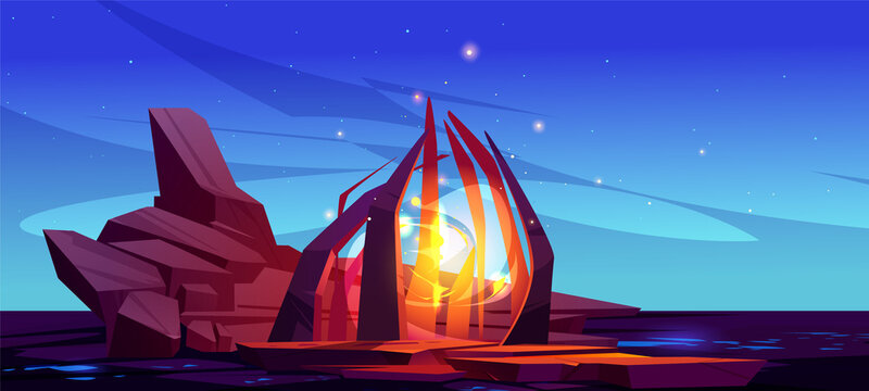 Magic portal, fantastic gate to alien world. Vector cartoon fantasy illustration, game background of rock landscape with mystic yellow glowing in stone frame at night
