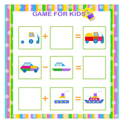  Math game for kids. Addition and subtraction with geometric shapes. Preschool worksheet activity