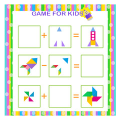 Math game for kids. Addition and subtraction with geometric shapes. Preschool worksheet activity