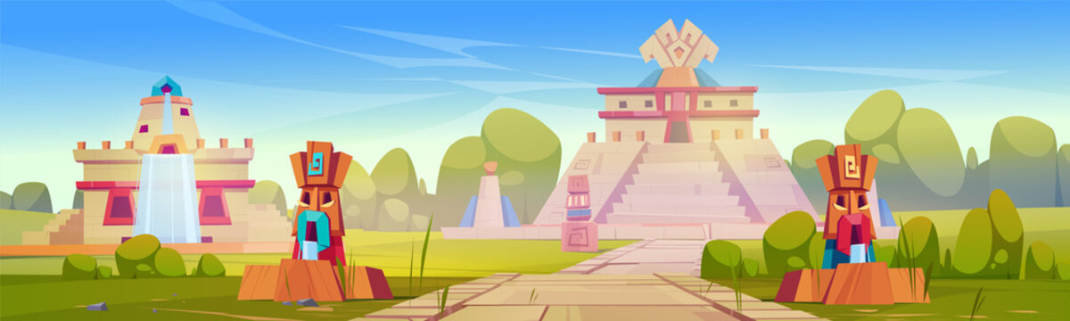 Aztec city with pyramids and statues, mayan travel landmark with stone monuments on green field. Temple of Kukulkan or El Castillo Pyramid in Chichen Itza scenic landscape, Cartoon vector illustration