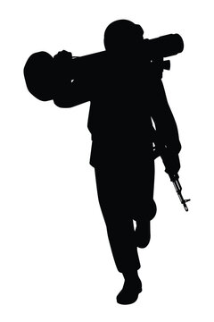 Soldier with anti tank missile silhouette vector illustration, military man in the battle.