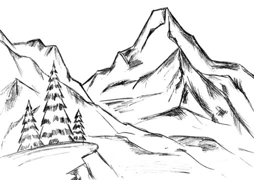 landscape with mountains and Christmas trees - graphic image