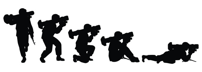 Set of soldiers with anti tank missile silhouette vector illustration, military man in the battle.