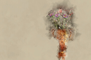 watercolor style and abstract image of colorful field flowers bouquet in the antique bronze vase