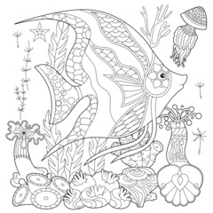 Contour linear illustration. Fish, seaweeds and ocean corals for coloring book. Cute objects, anti stress picture. Line art design for adult or kids in zentangle style and coloring page.