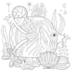 Contour linear illustration. Fish, seaweeds and ocean corals for coloring book. Cute objects, anti stress picture. Line art design for adult or kids in zentangle style and coloring page.