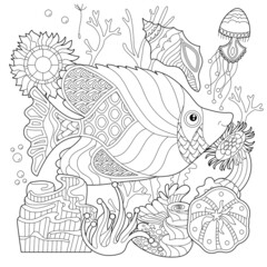 Contour linear illustration. Fish, seaweeds and ocean corals for coloring book. Cute objects, anti stress picture. Line art design for adult or kids in zentangle style and coloring page.
