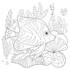 Contour linear illustration. Fish, seaweeds and ocean corals for coloring book. Cute objects, anti stress picture. Line art design for adult or kids in zentangle style and coloring page.