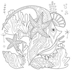Contour linear illustration. Fish, seaweeds and ocean corals for coloring book. Cute objects, anti stress picture. Line art design for adult or kids in zentangle style and coloring page.