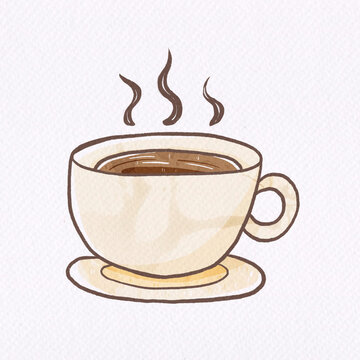A Cup of hot Coffee on white watercolor paper texture. Illustration digital paint.