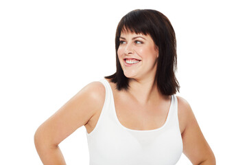 Feeling relaxed and confident. Studio shot of a pretty brunette woman looking out of frame isolated on white.