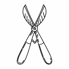 Garden shears, pruning shears, hand-drawn doodle-style element. Tool for pruning trees and shrubs. Simple vector in linear style for logo, icons and emblems - tool for gardening, plant care.