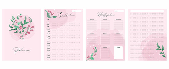 Planner, daily and weekly plans. In a watercolor style, with floral illustrations - obrazy, fototapety, plakaty
