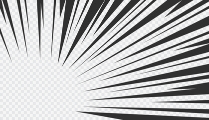 Obraz premium Comic book motion effect on transparent background. Manga action frame lines. Black rays. Bomb explosion or high speed mockup. Vector cartoon illustration.