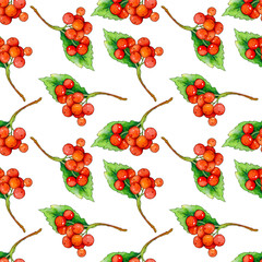 seamless watercolor pattern with red viburnum berries on branches with green leaves.