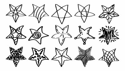 A set of colorful cute stars and smooth lines. Objects of different shapes, sizes, and patterns. Hand-drawn elements. Doodle style vector.