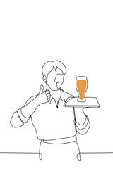 waiter holding a tray with a pint of light beer and smiling while thumbs up - one line drawing vector. concept of visiting beer bar, beer festival, love for beer