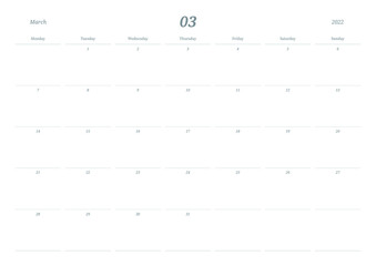 March 2022 simple design digital and printable calendar template illustration. Notes, scheduler, diary, calendar, memo, planner document template background. 