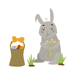 Cute cartoon Easter bunny with Easter eggs. Funny rabbit characters on floral background. Happy Easter concept. Cartoon vector Illustration.