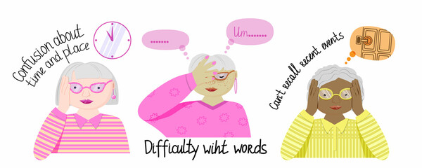 Alzheimer's dementia symptoms composition with a set of human characters of elderly people. Cute grandmothers of different races with the same disease. September 21 is a day to fight dementia.