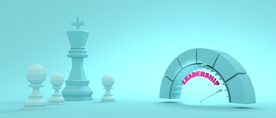 Piece of chess. The king and pawns low poly model and abstract geometry shapes. Leadership measuring device with arrow and scale. 3D Render