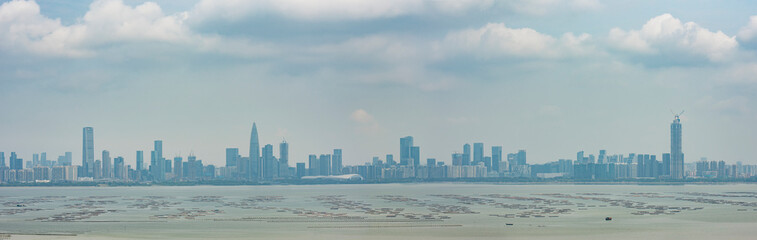 Skyline of downtown of Shenzhen city, China. Viewed from Hong Kong border